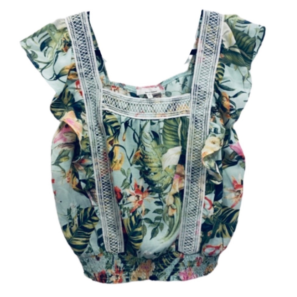 june & hudson Sleeveless Blouse Tropical Floral & Birds Ruffles Elastic Waist